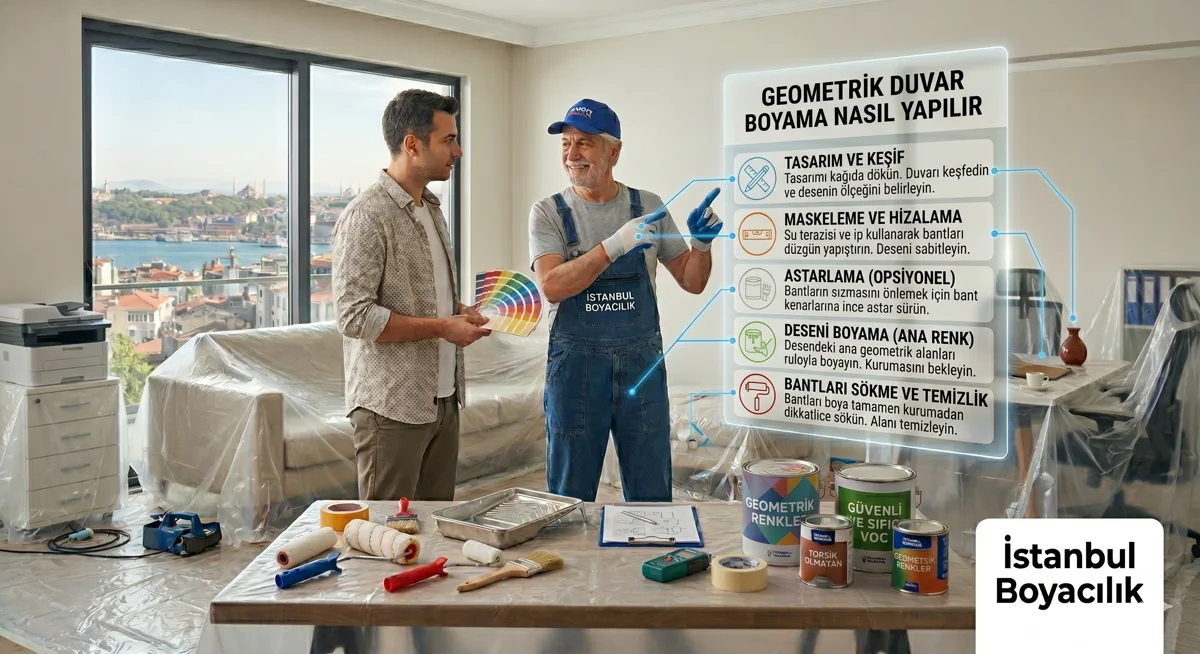 Geometrik duvar boyama — üçgen ve chevron desen uygulaması